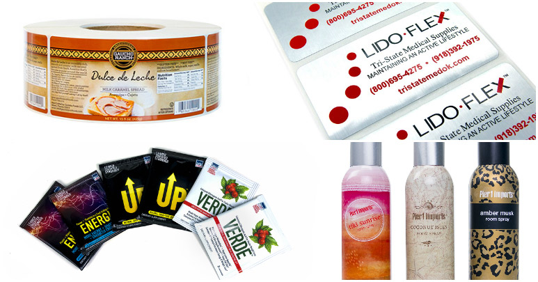 Collage of custom labels, shrink sleeves, and flexible packets